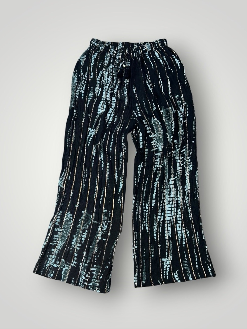 Black Wide-Leg Pants with Aqua & Gold Stripe Print